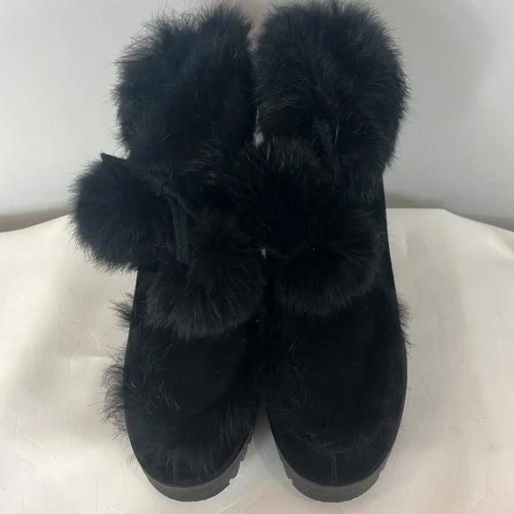 Coach Kataya Wedge Ankle Boots Booties in Black Suede with Black Rabbit Fur Trim - Picture 3 of 17